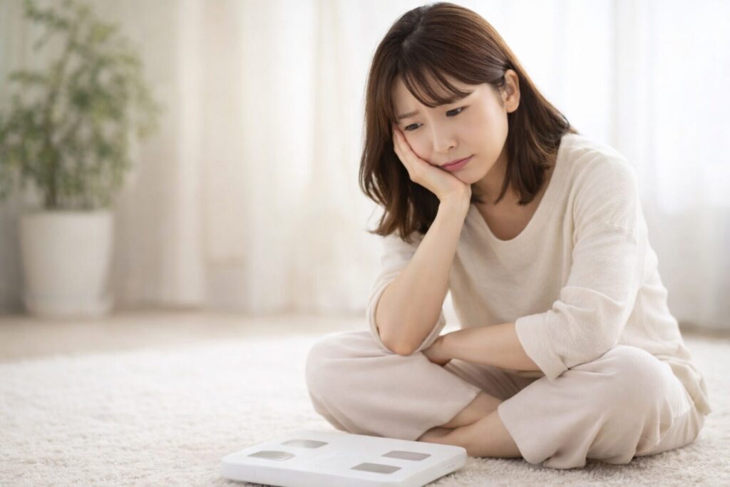 40代から始める酵素ダイエット|無理なく続く正しいやり方と5つのコツ 3 酵素のちから 体重計を見て悩んでいる40代女性