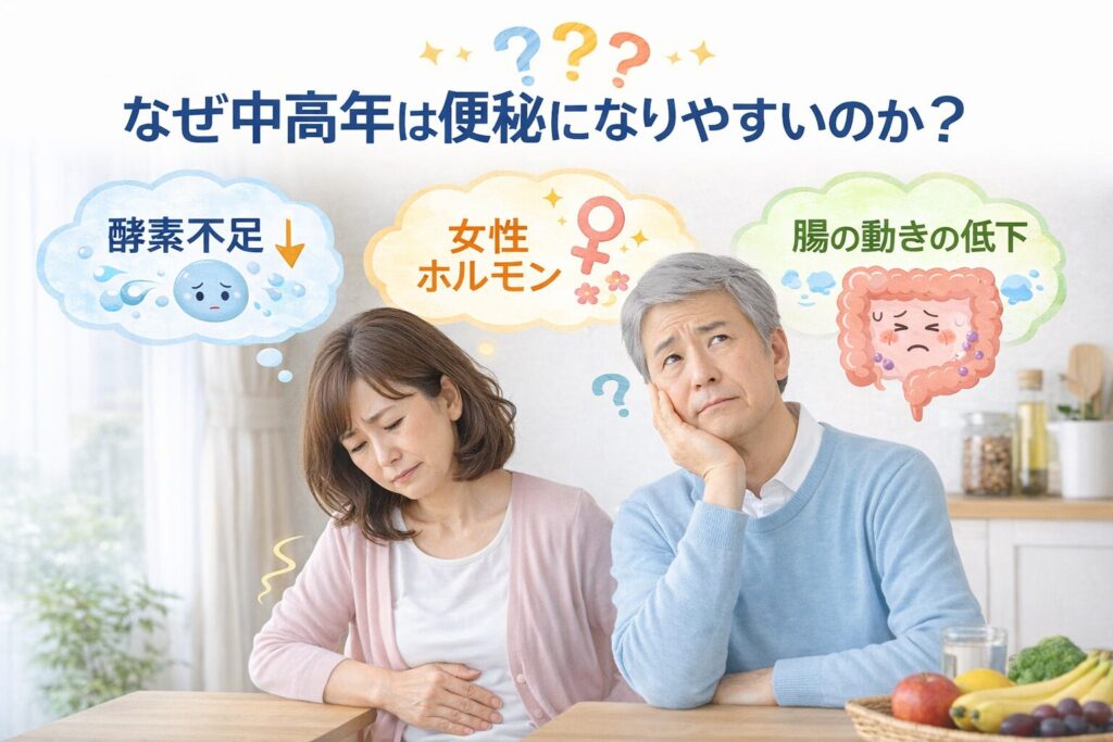 中高年の便秘は酵素不足が原因?腸内環境を整えて自然なお通じを取り戻す方法 2 酵素のちから 中高年の便秘の原因