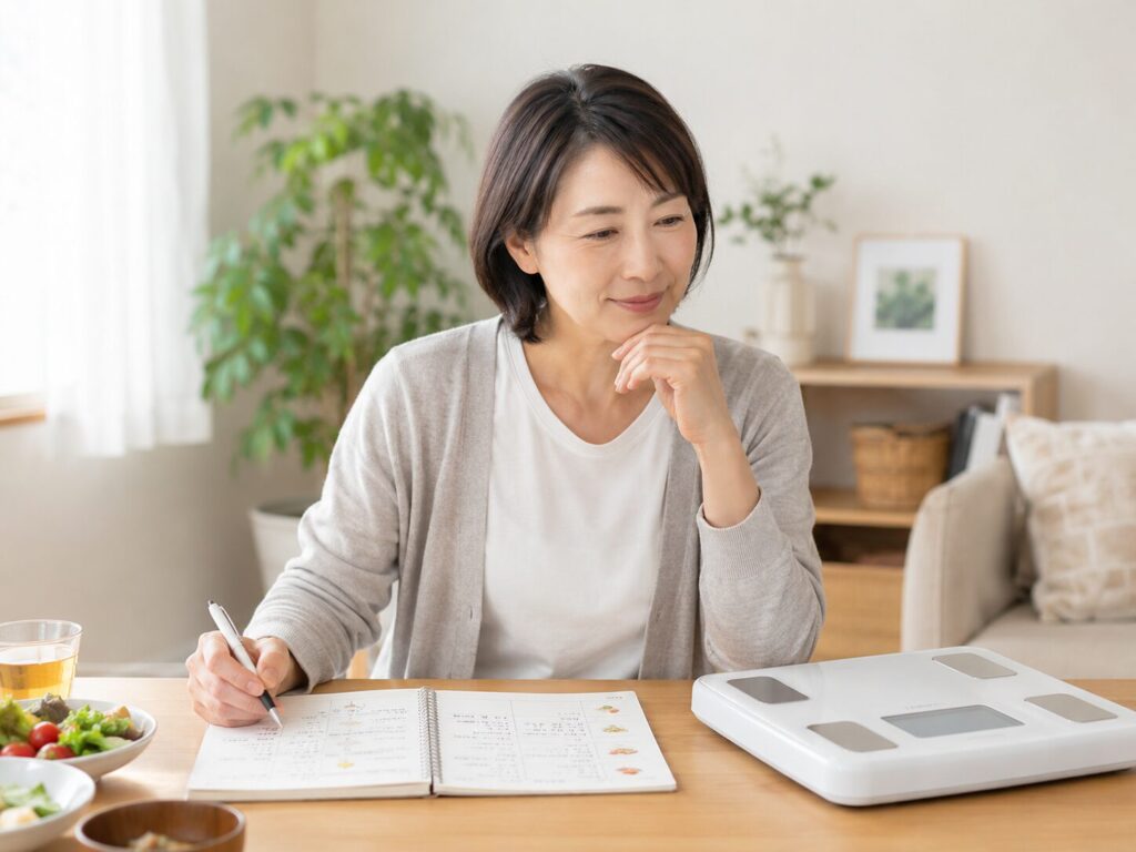 体重計や食事記録を見ながら生活を見直している中高年女性