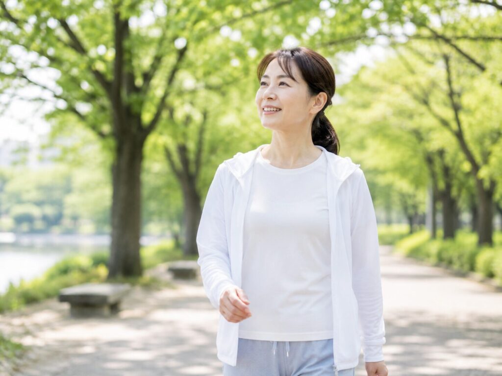 新緑の中、散歩をを楽しむ中高年女性