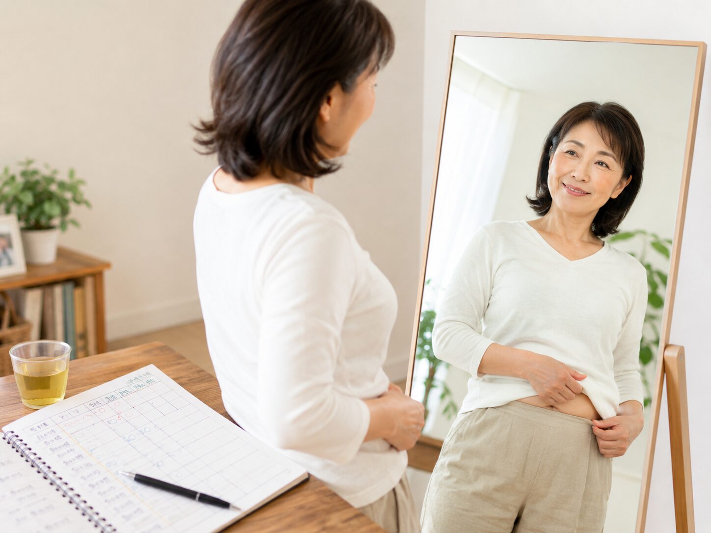 鏡を見て体型を気にしている中高年女性