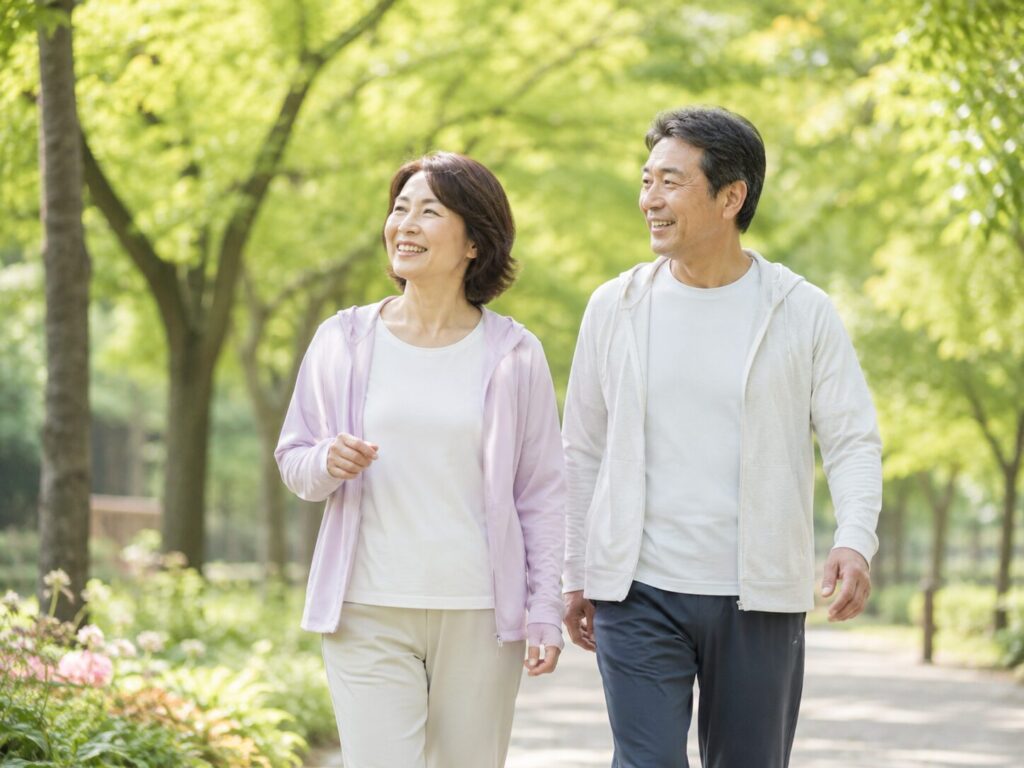 公園で散歩を楽しむ中高年夫妻