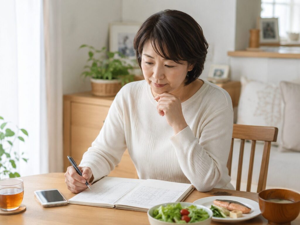 中高年の酵素ダイエットで痩せない理由|うまくいかない原因と見直しポイント 2 酵素のちから 体重記録や食事内容を見ながら見直している中高年女性