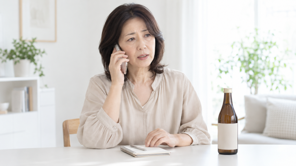 飲料のボトルをテーブルに置き、体調について電話で相談する中高年女性