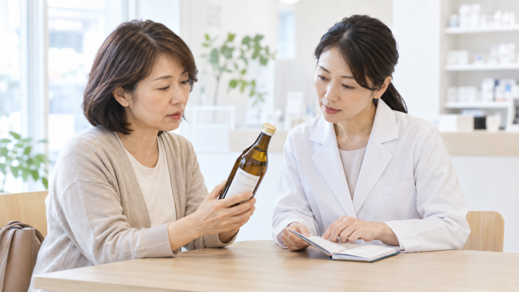 酵素ドリンクのボトルとお薬手帳を示し、利用前に薬剤師へ相談する中高年女性