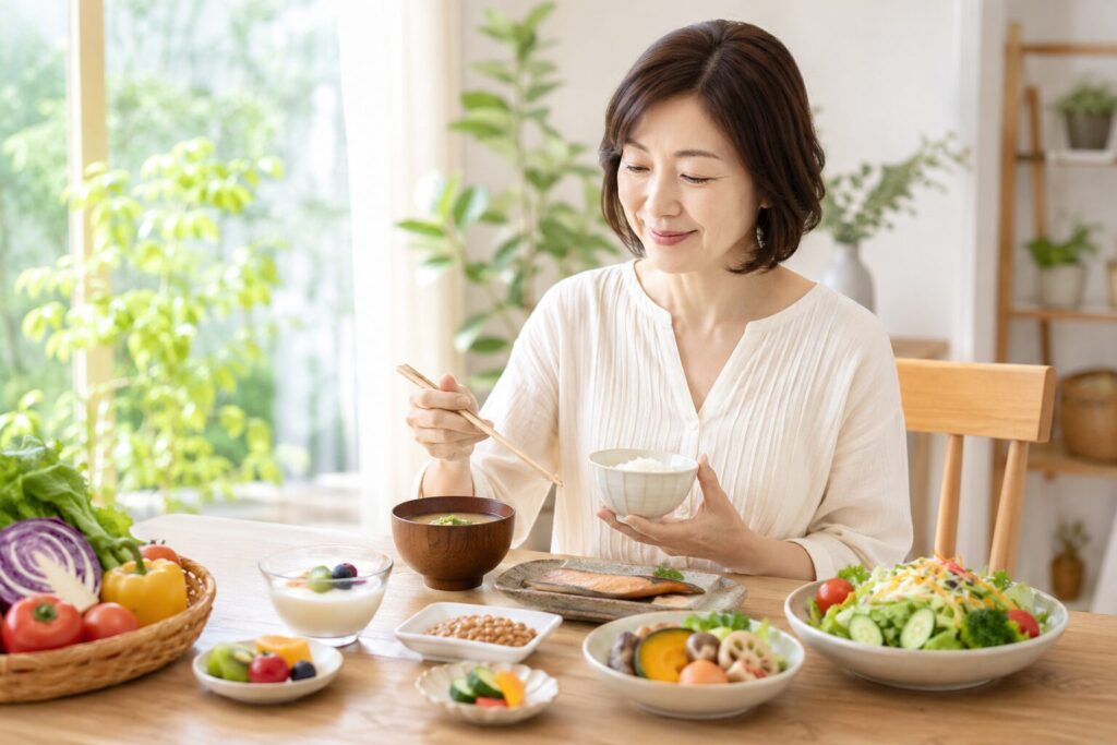 酵素を意識した食事をする中高年女性