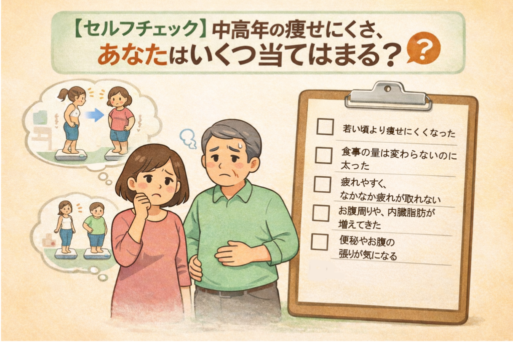中高年の酵素ダイエット|なぜ痩せにくくなる?痩せにくくなった体を無理なく整える5つの習慣 3 酵素のちから 中高年の痩せにくさを知るためのチェックリスト