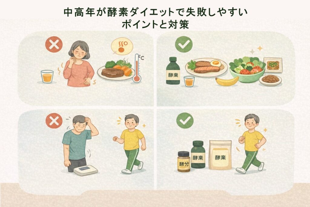 中高年の酵素ダイエット|なぜ痩せにくくなる?痩せにくくなった体を無理なく整える5つの習慣 7 酵素のちから 中高年が酵素ダイエットで失敗しやすいポイントと対策の画像