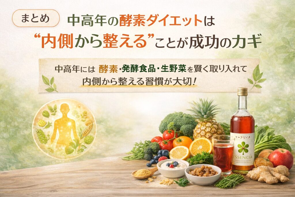 中高年の酵素ダイエット|なぜ痩せにくくなる?痩せにくくなった体を無理なく整える5つの習慣 21 酵素のちから 中高年の酵素ダイエットは“内側から整える”ことが成功のカギを表す画像