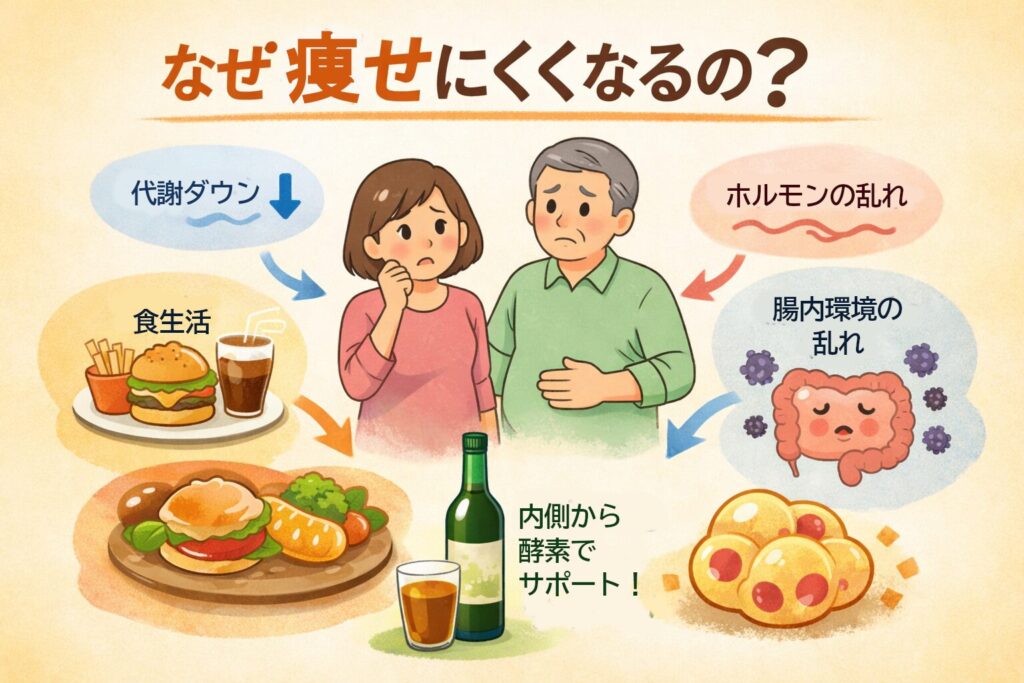 中高年の酵素ダイエット|なぜ痩せにくくなる?痩せにくくなった体を無理なく整える5つの習慣 2 酵素のちから 中高年が痩せにくくなる理由を表す図