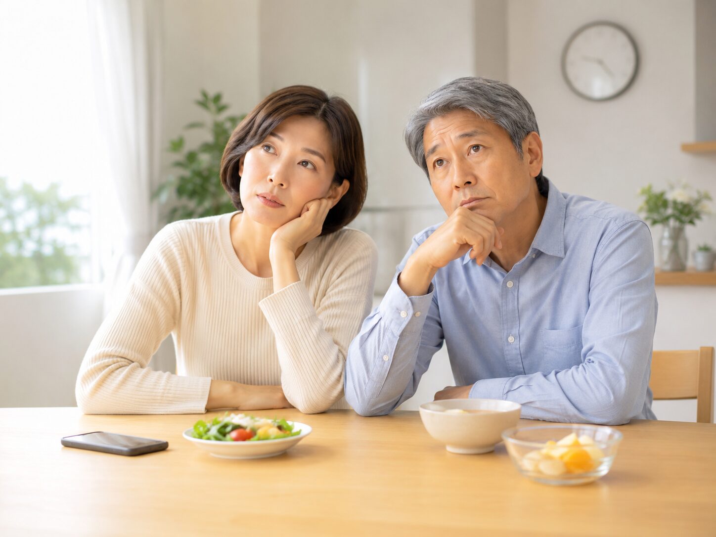 中高年夫婦が生活習慣の乱れと酵素不足の原因について考える様子
