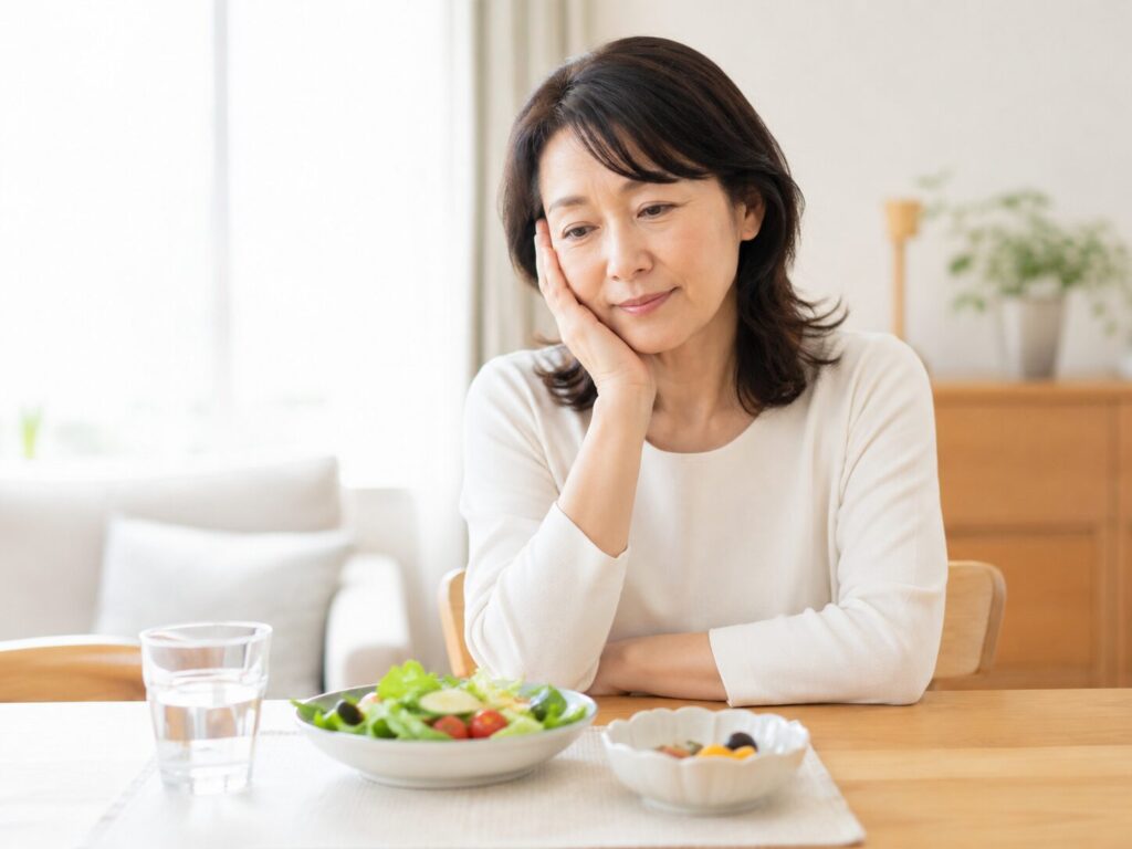 中高年女性が疲れや胃腸の不調を感じている様子