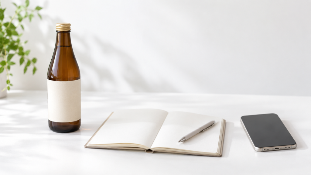 白いテーブルに置かれた飲料のボトル、症状を記録するためのノートとペン、スマートフォン