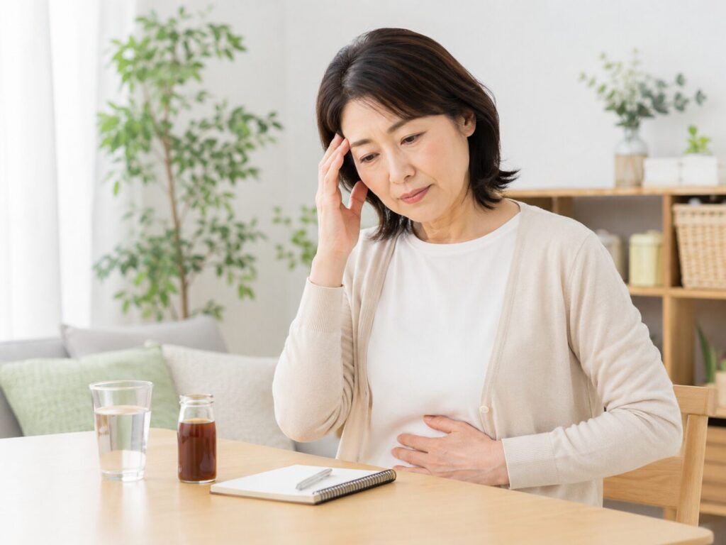 酵素ドリンクを飲み、体調の変化を感じている女性