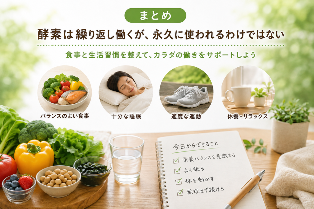 酵素の働きを支える食事・睡眠・運動・休養の生活習慣をまとめたイメージ