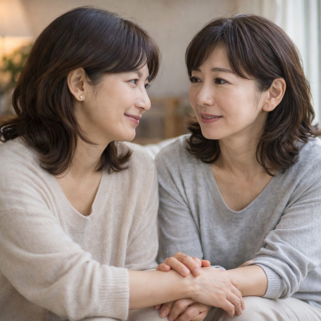 中高年女性同士が悩みを共有し共感している様子