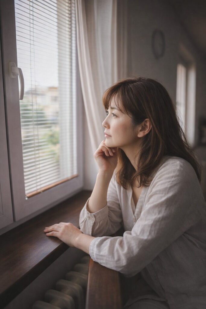 窓際で酵素ダイエットの方法に悩む中高年女性