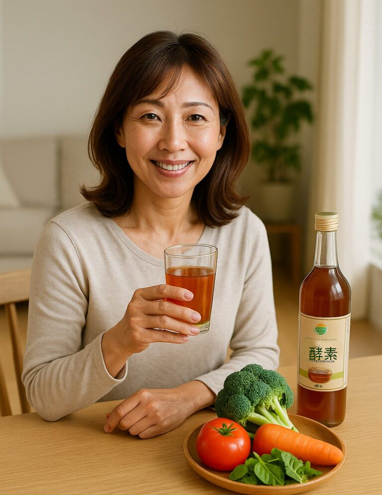 酵素ドリンクを飲む中高年女性の健康的な生活イメージ