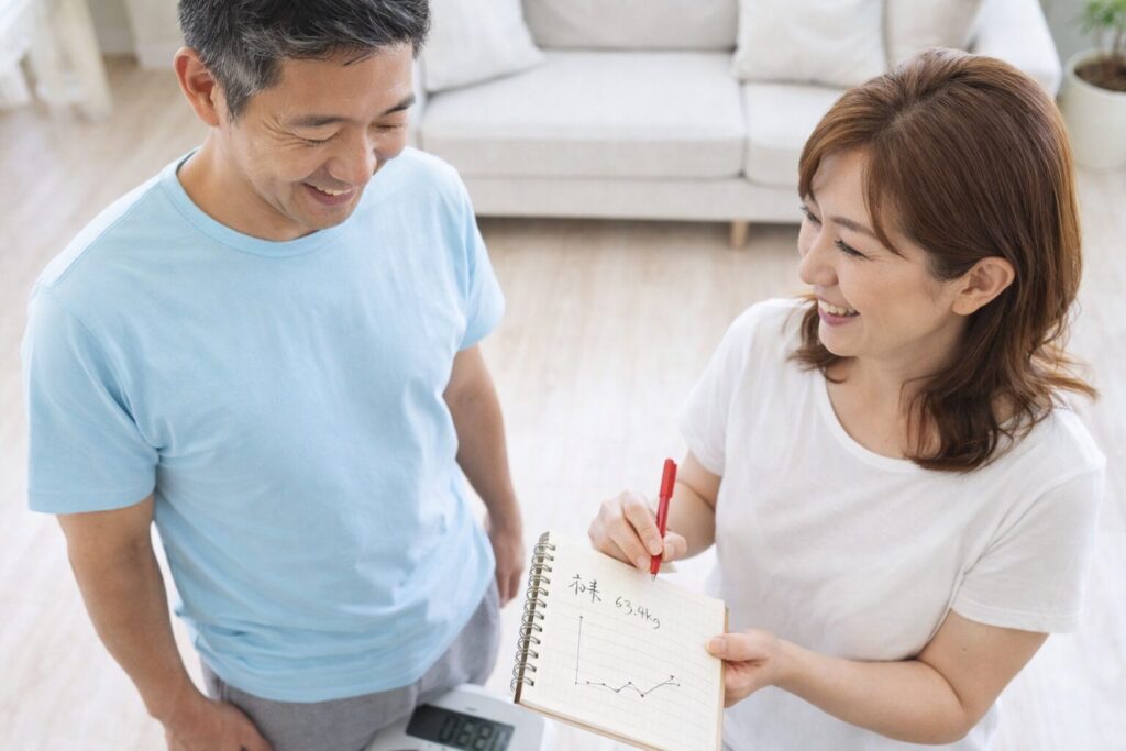 中高年男女が体重を記録して健康管理している様子