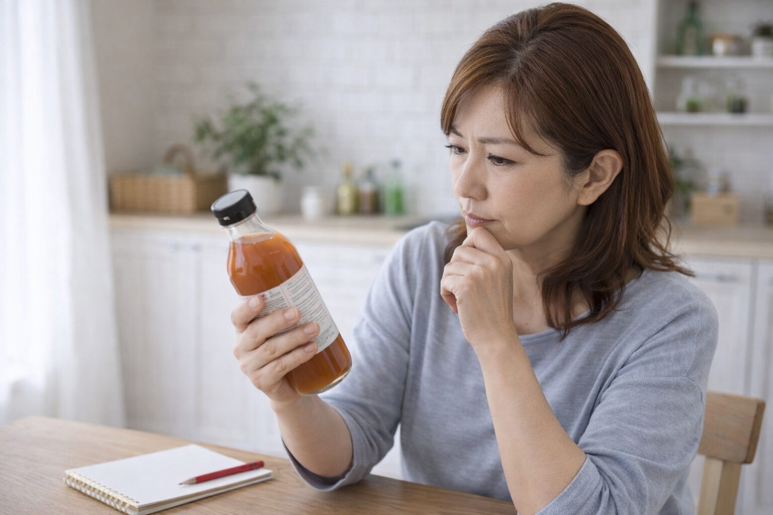 酵素ドリンクの成分表示を確認する中高年女性