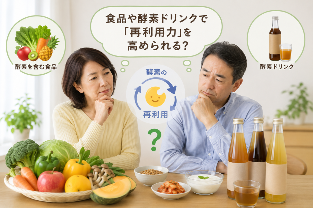 食品や酵素ドリンクで酵素の再利用力を高められるか考える中高年夫婦