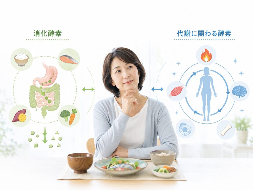 消化酵素と代謝に関わる酵素の違いを考える中高年女性のイメージ