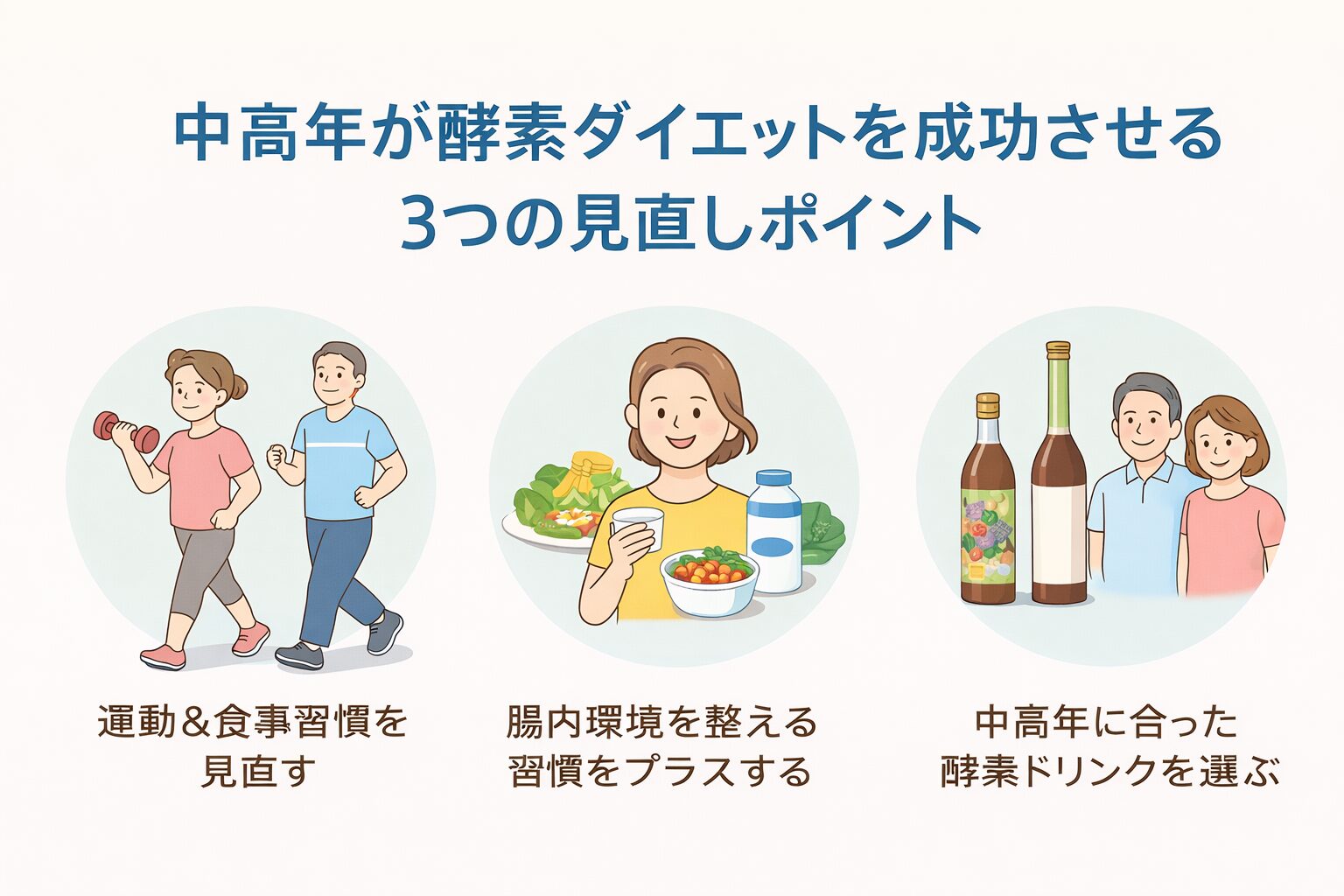 中高年が酵素ダイエットを成功させるポイントを表す画像