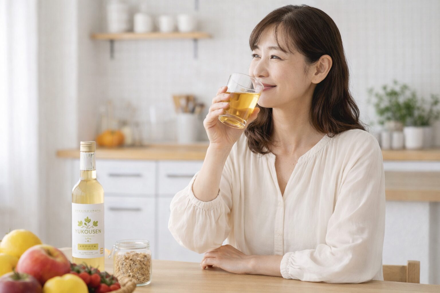 優光泉を飲んでいる中高年女性の画像