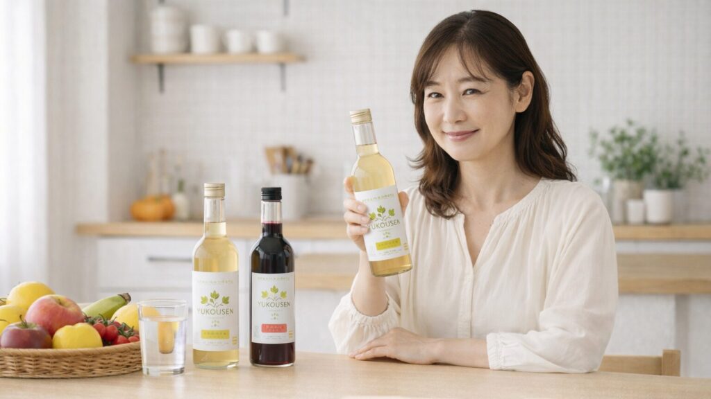 優光泉を手にする中高年女性の画像