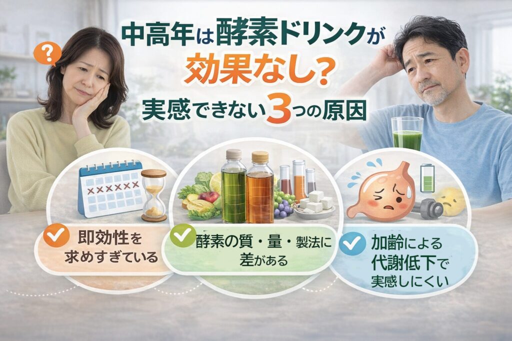 中高年の酵素ドリンクは効果なし?実感できない理由と“見直し方”をやさしく解説 2 酵素のちから 中高年が酵素ドリンクの効果を実感できない3つの原因を解説したイメージ図