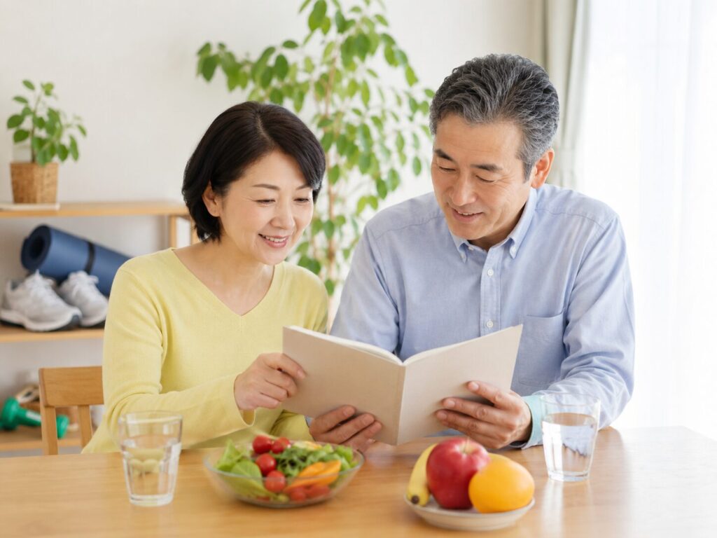 中高年の生活習慣病予防|今日から見直したい5つの生活習慣 2 酵素のちから 生活習慣病予防について確認している中高年夫婦
