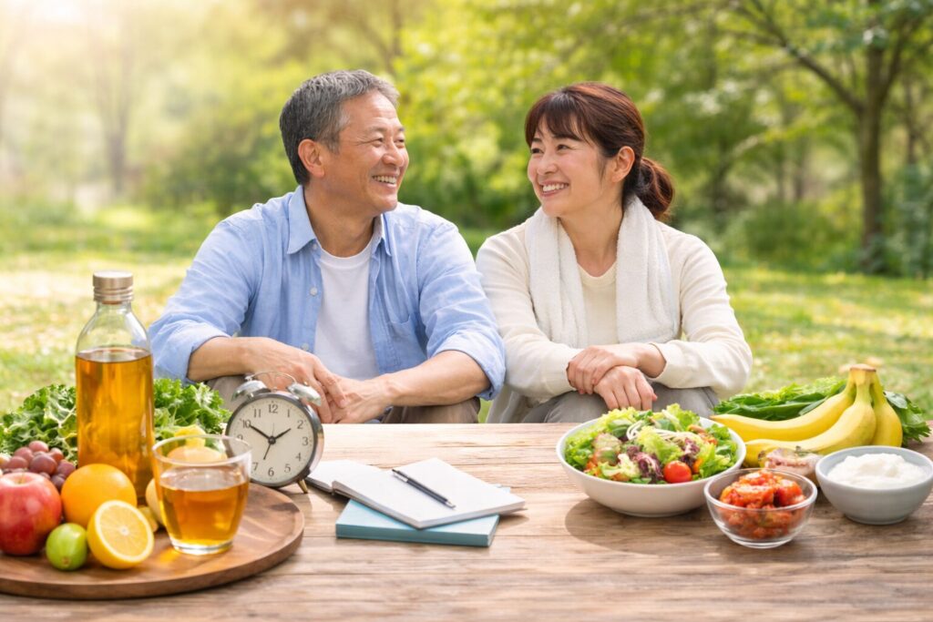 酵素ドリンクの効果を実感している中高年夫婦の健康的な生活習慣