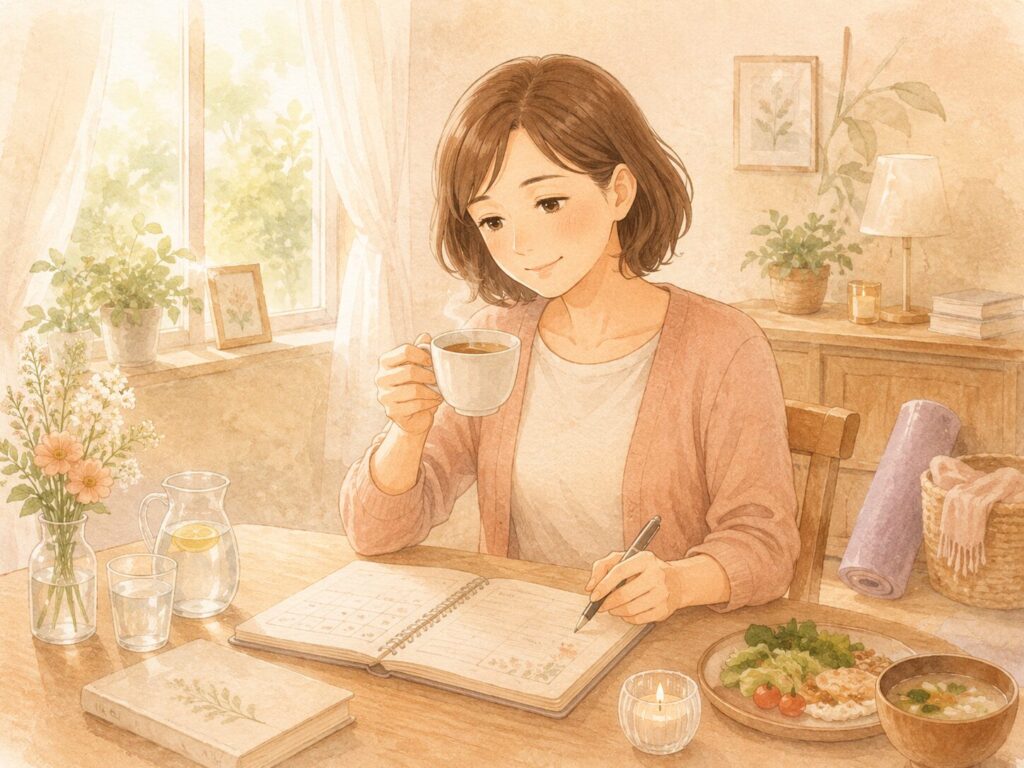 お茶を飲みながら生活習慣の見直しをしている女性
