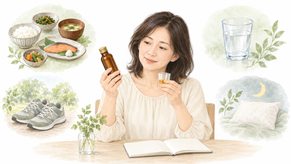 酵素ドリンクを確認する女性と、食事・水分・運動・睡眠を表すイラスト