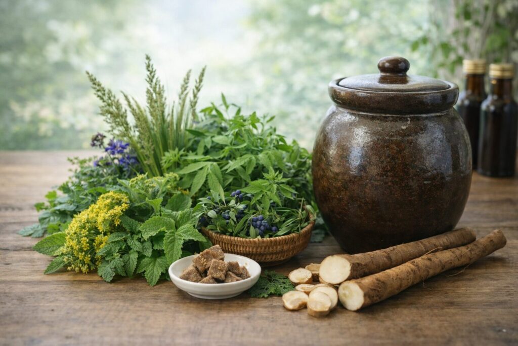 天然熟成野草酵素の原液100％・自然発酵をイメージした野草と陶製甕の写真
