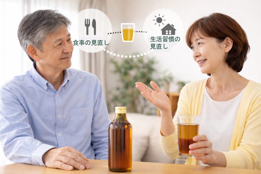 酵素ドリンクを取り入れる時の考え方を確認する中高年