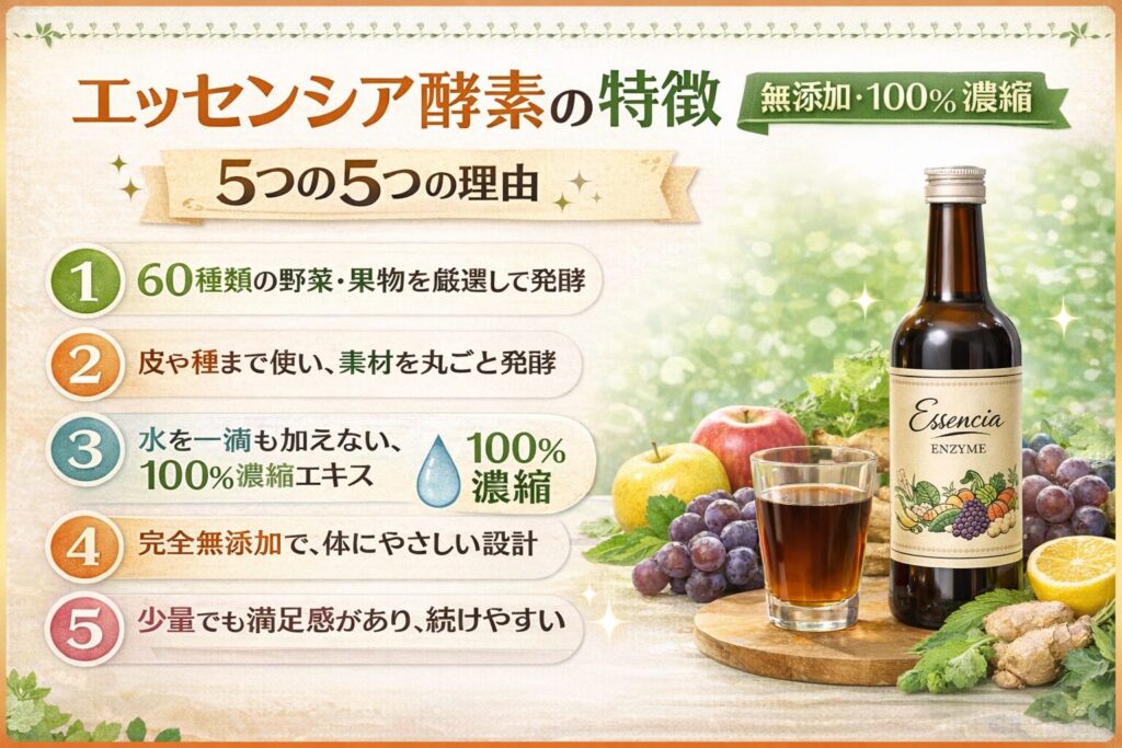 エッセンシア酵素の効果は本当?口コミから分かる実感ポイントと中高年に向く理由 2 酵素のちから エッセンシア酵素の特徴