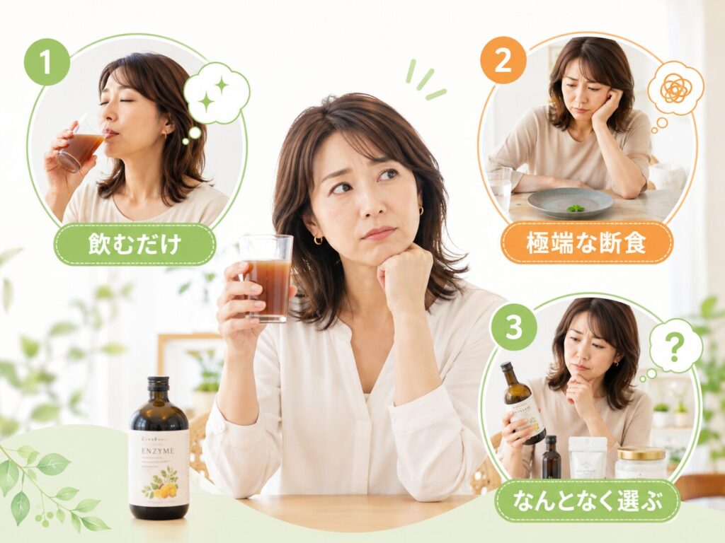 40代で酵素ダイエットをしても痩せない理由|“やり方のズレ”と正しい整え方 3 酵素のちから 酵素ダイエット 失敗の理由を考えている女性