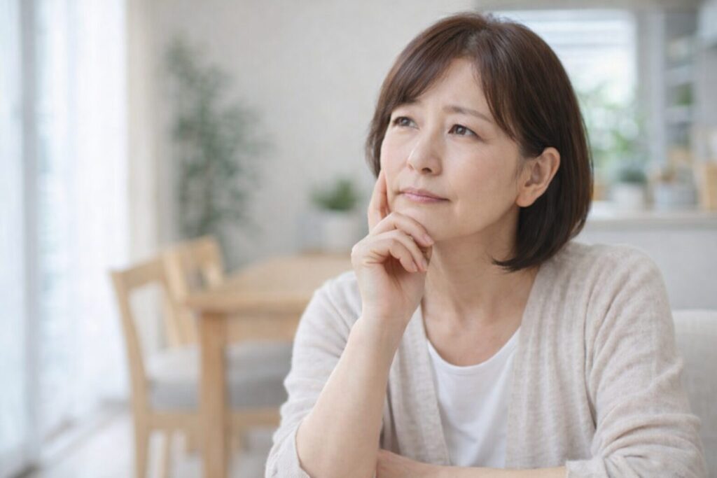 40代から始める酵素ダイエット|無理なく続く正しいやり方と5つのコツ 2 酵素のちから 少し考えている40代女性