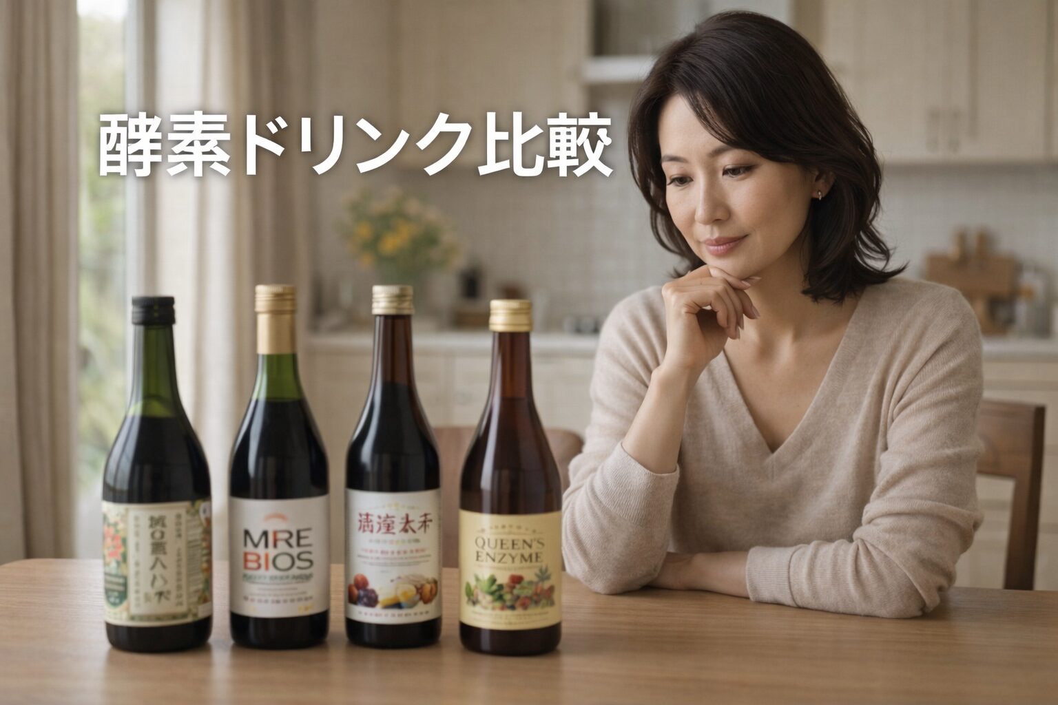 テーブルの上に並んだ複数の酵素ドリンクを眺めている中高年女性