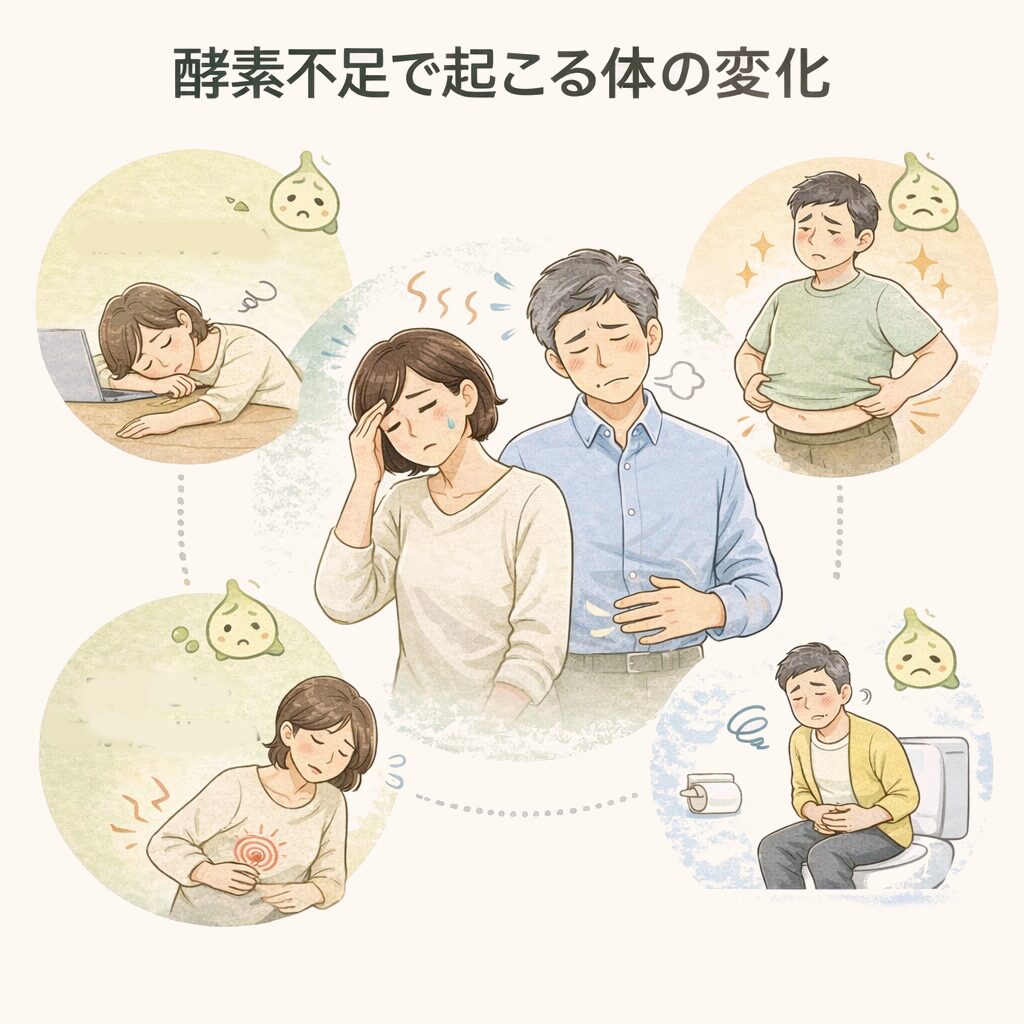 酵素不足で起こる体の変化を表す画像