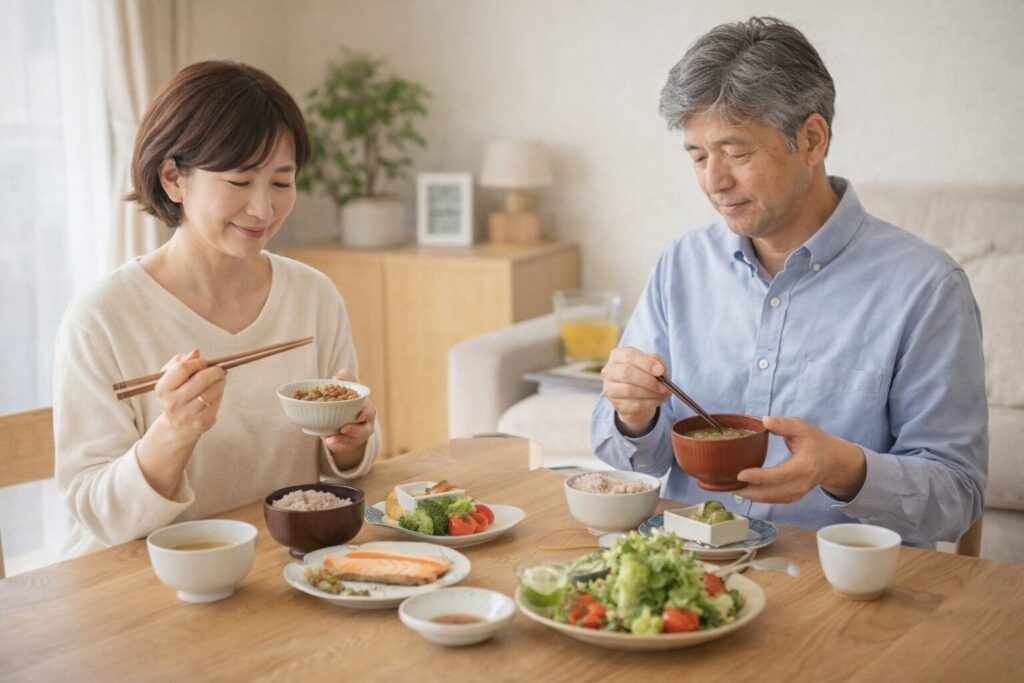 腹八分目、食事を意識している中高年男女の画像