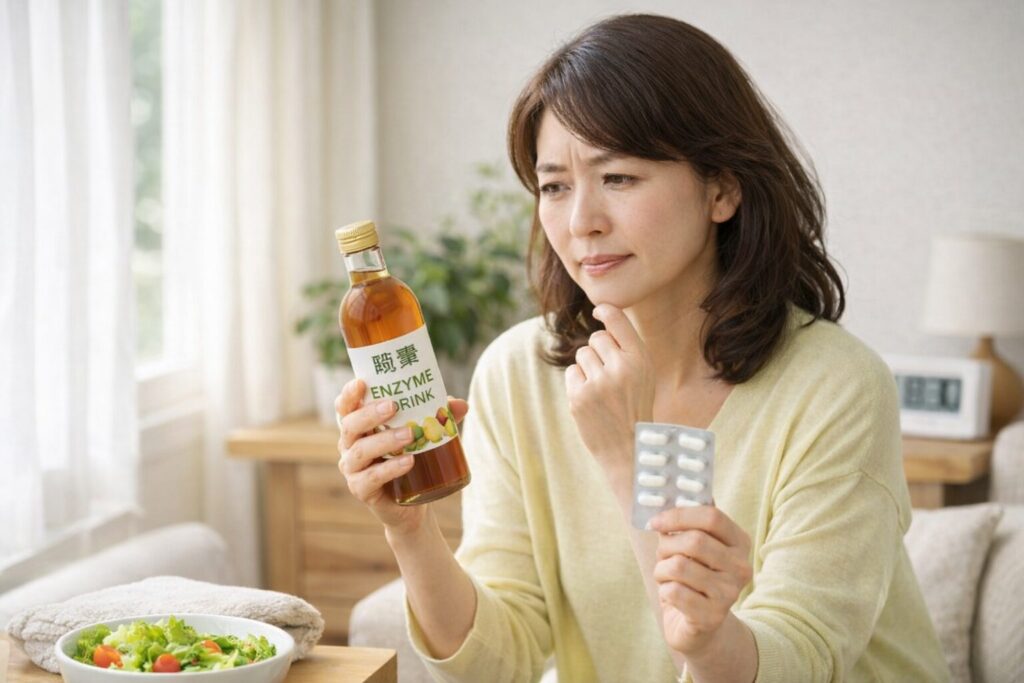 酵素を手にして悩んでいる中高年女性