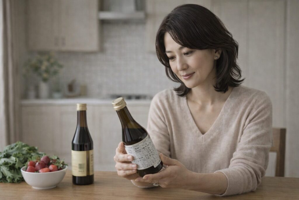 酵素ドリンクの成分表を眺めている50代女性