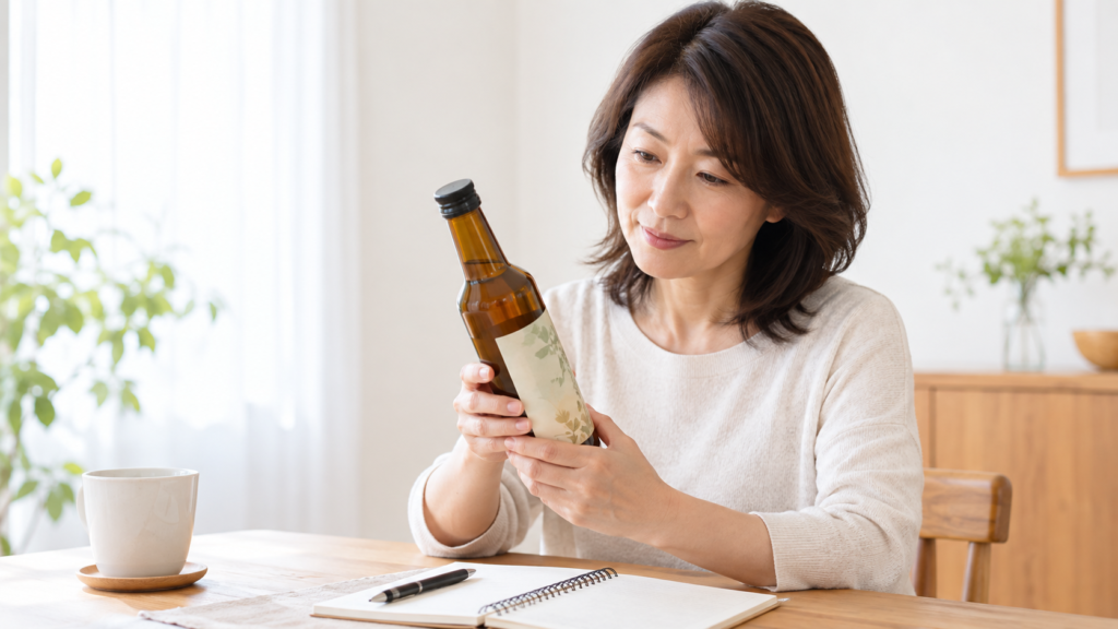 中高年向け酵素ドリンク比較5選|目的に合う1本を選ぶためのポイント 2 酵素のちから 酵素ドリンクのボトルを手に取り、表示を確認する中高年女性