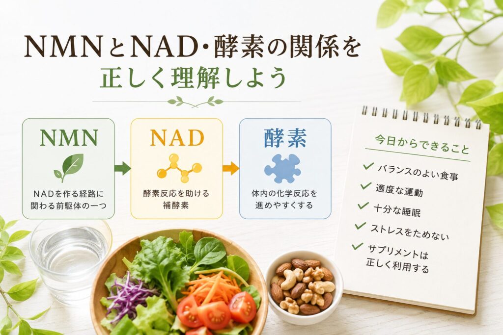 NMN・NAD・酵素の関係と健康的な生活習慣をまとめた図