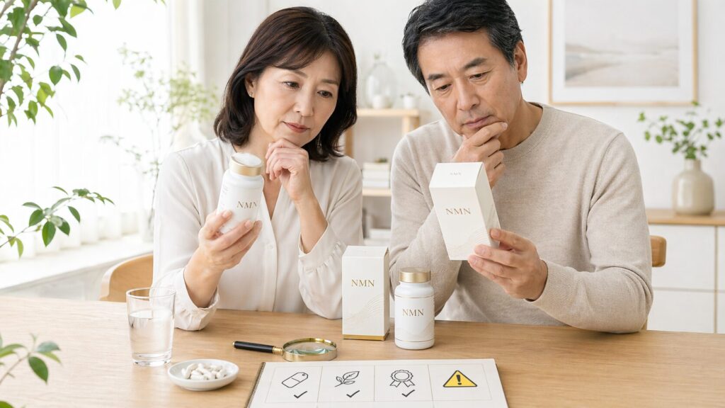 NMNサプリを選ぶときの注意点を確認している中高年男女