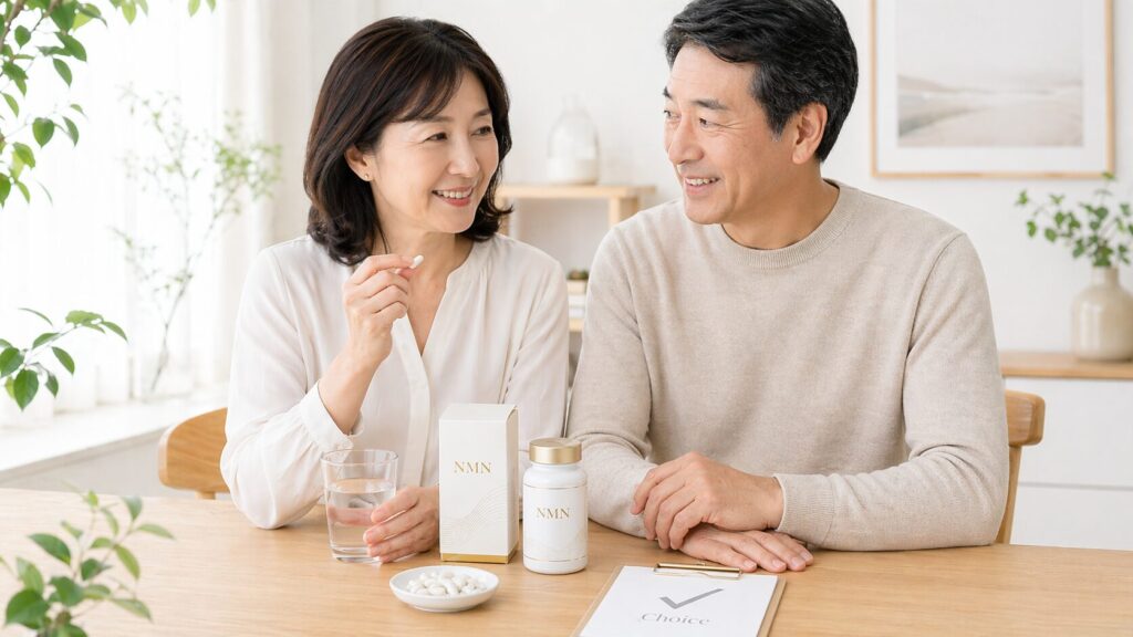 自分に合ったNMNサプリを選んで喜んでいる中高年男女