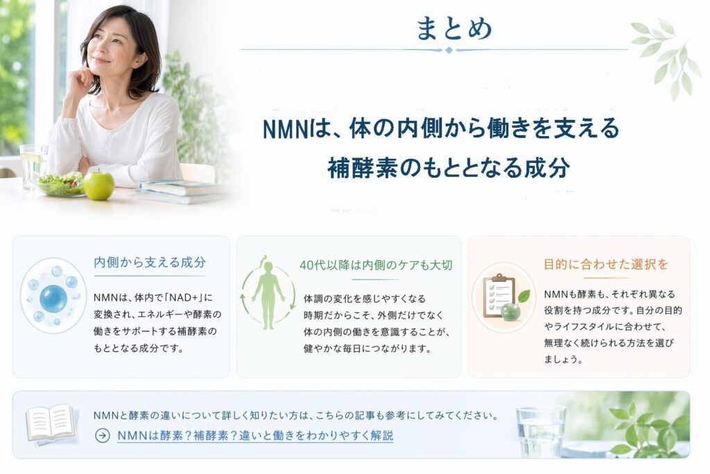 NMNは体の内側から働きを支える補酵素のもととなる成分