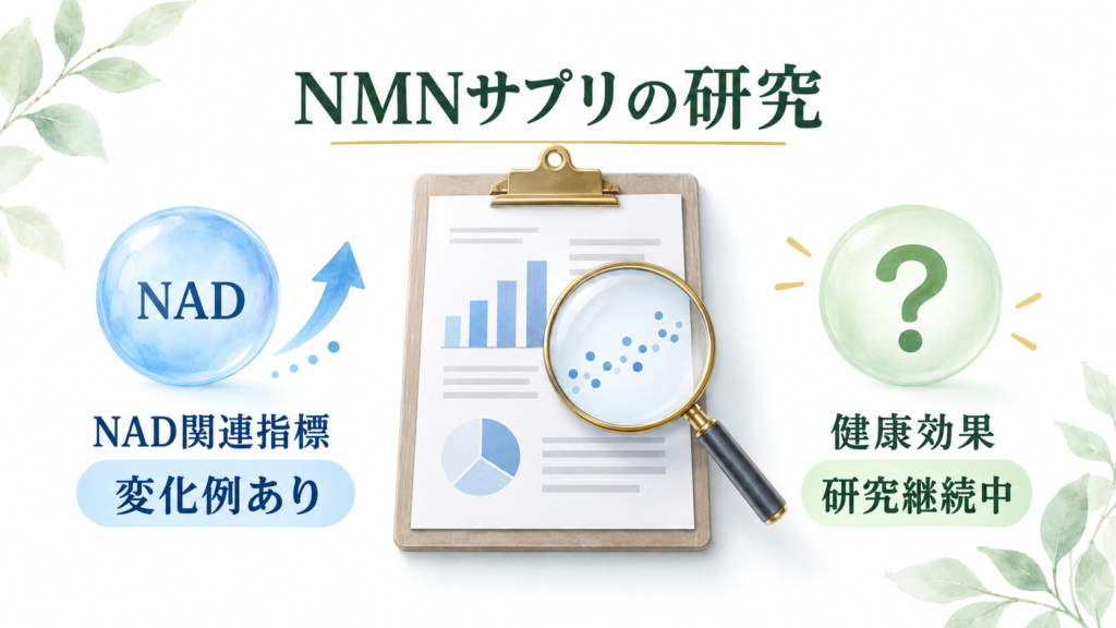 NMNサプリメントの研究で分かっていることと未解明な健康効果を示す図